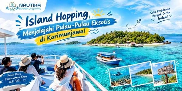 Wisatawan menikmati island hopping menggunakan kapal di Karimunjawa dengan latar pulau hijau dan laut biru jernih